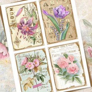 May include: Four vintage-style cards featuring floral illustrations. The cards depict a pink lily, a purple tulip, a pink rose, and a pink wildflower. The cards have a distressed, aged appearance with text in French.