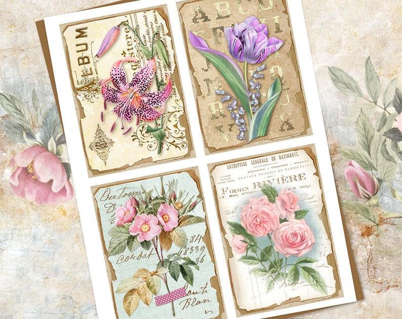 May include: Four vintage-style cards featuring floral illustrations. The cards depict a pink lily, a purple tulip, a pink rose, and a pink wildflower. The cards have a distressed, aged appearance with text in French.