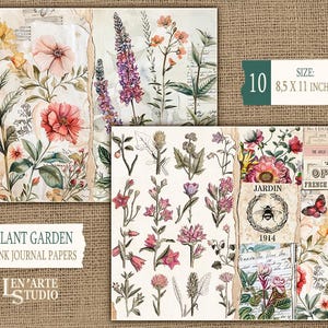 May include: A set of 10 digital printable papers featuring vintage botanical illustrations of flowers and plants. The papers are perfect for junk journaling, scrapbooking, and other paper crafts. The papers are 8.5 inches by 11 inches.