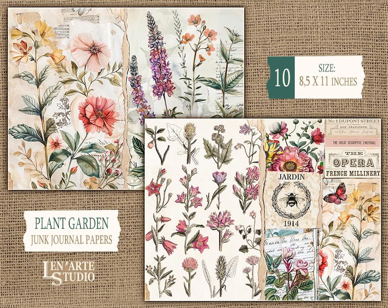 May include: A set of 10 digital printable papers featuring vintage botanical illustrations of flowers and plants. The papers are perfect for junk journaling, scrapbooking, and other paper crafts. The papers are 8.5 inches by 11 inches.