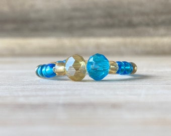 Sierlijke kralen ring blauw-gouden kristallen ring handgemaakte stapelbare ring cadeaus voor haar 2-edelsteen ring elegante gefacetteerde sieraden rekbare glanzende SET