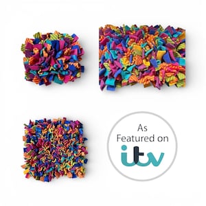 May include: Three colourful, square fabric pieces made from small, cut fabric pieces in pink, blue, orange, and yellow. The image also includes a circular graphic with the text "As Featured on itv."