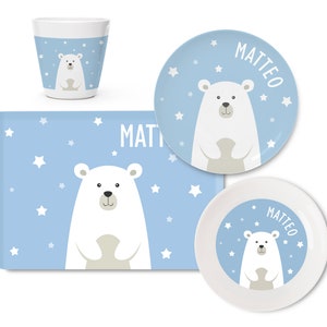 Personalisiertes Kindergeschirr Set Eisbär 2 Winter mit Namen aus Melamin, Weihnachtsgeschenk, Kinderteller, Becher, Weihnachtsteller