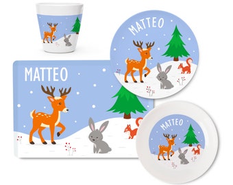 Personalisiertes Kindergeschirr Set Winterwald aus Melamin, mit Namen, Taufgeschenk, Weihnachtsgeschenk Junge Mädchen, Kinderteller, Becher