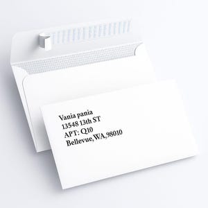 May include: Two white envelopes, one open, displaying the interior and adhesive strip. The front envelope has the address: Vania pania, 13548 13th ST, APT: Q10, Bellevue, WA, 98010.