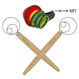 Danish Dough Whisk Set: Wooden Handle + Collapsible Measuring Cups