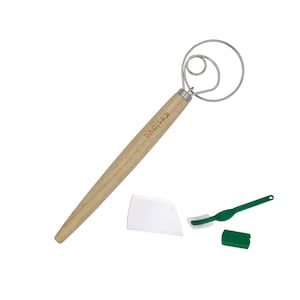 May include: A wooden handled dough whisk with a stainless steel wire loop. The whisk is labeled "KasiDve". The image also shows a green silicone spatula and a white plastic scraper.