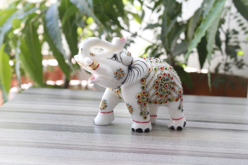 4 Inches Marble Elephant Statue Decorated Animal Sculpture Elephant