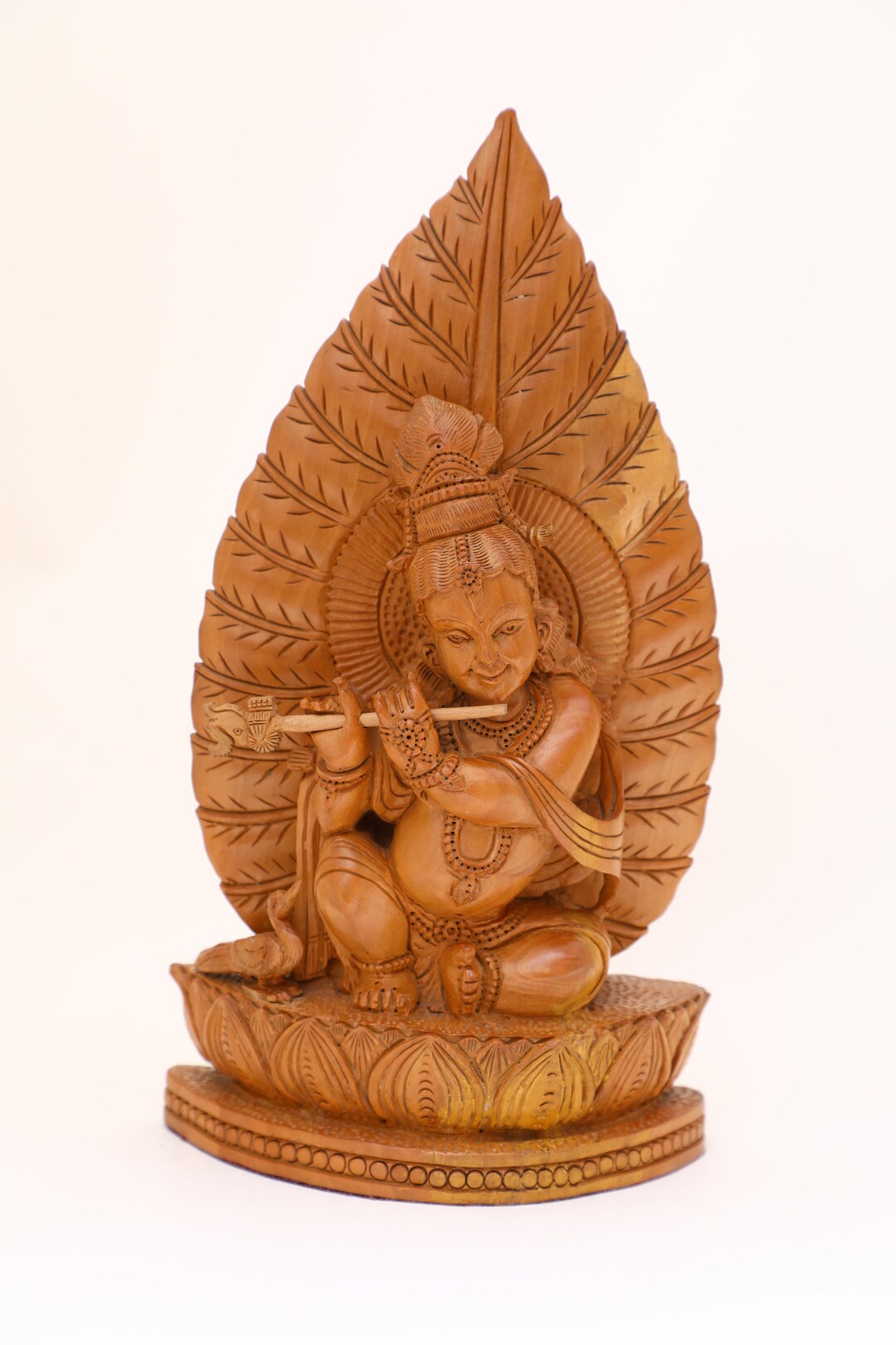 11 Inches Wooden Lord Krishna Statue Hand Carved Home Decor Religious