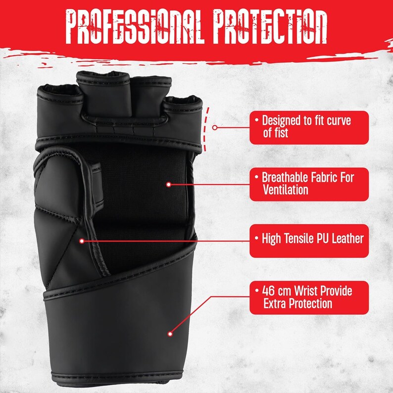 Puede incluir: Guantes de entrenamiento negros con acolchado en los nudillos y la mu&ntilde;eca. Los guantes est&aacute;n dise&ntilde;ados para ajustarse a la curva del pu&ntilde;o y tienen tejido transpirable para la ventilaci&oacute;n. Los guantes est&aacute;n hechos de cuero PU de alta resistencia y tienen una correa de mu&ntilde;eca de 4,6 cm para protecci&oacute;n adicional.