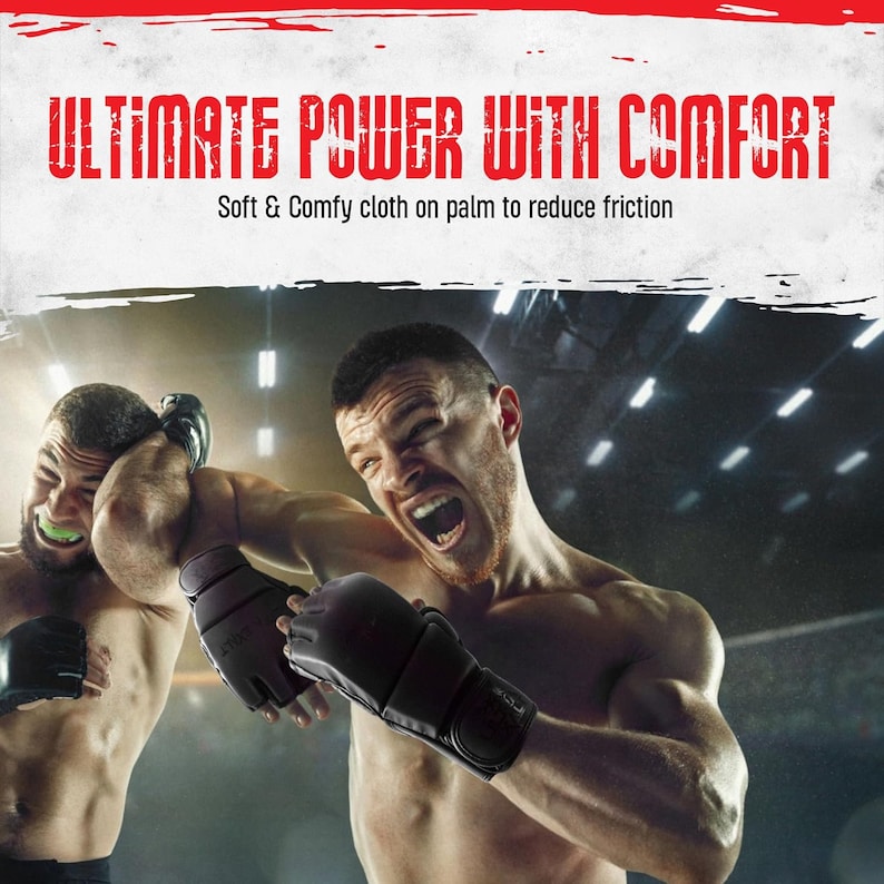 Puede incluir: Dos hombres con guantes de boxeo negros est&aacute;n entrenando en un ring de boxeo. El texto "ULTIMATE POWER WITH COMFORT" y "Soft & Comfy cloth on palm to reduce friction" se muestra sobre los hombres.