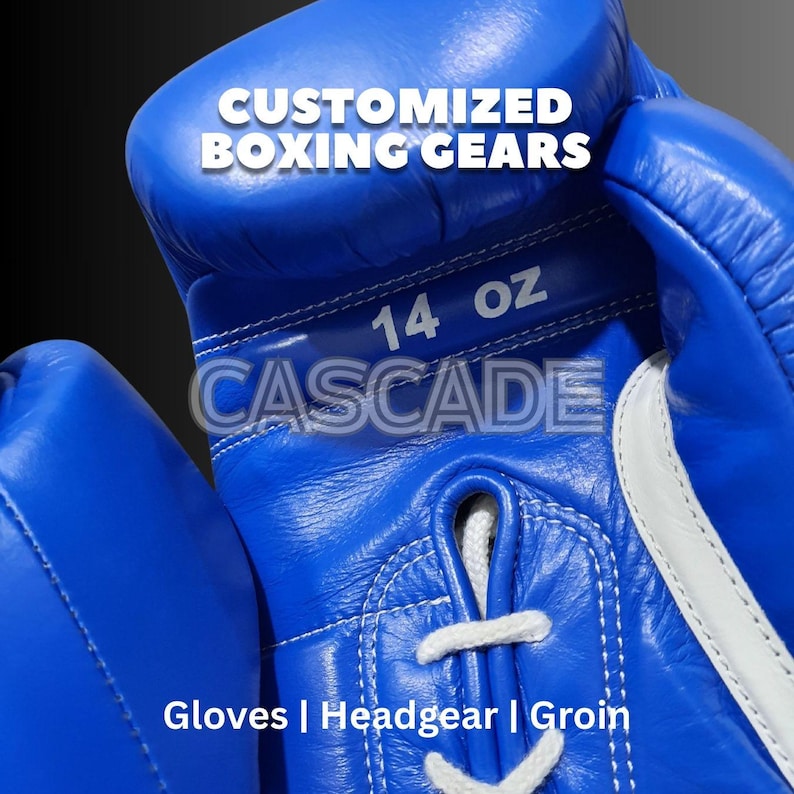 May include: Blue leather boxing gloves with white laces and a white label that says "14 OZ CASCADE" and "CUSTOMIZED BOXING GEARS". The gloves are for boxing, headgear, and groin protection.