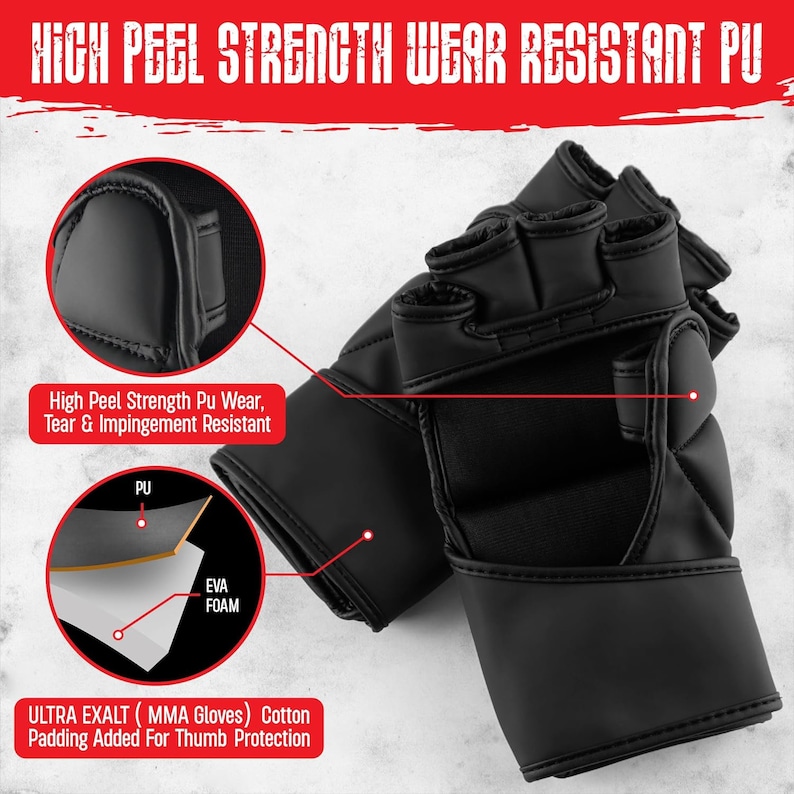 Puede incluir: Guantes de entrenamiento MMA negros con detalles rojos. Los guantes tienen un material de PU de alta resistencia al desgarro, al desgaste y a la compresi&oacute;n. Los guantes tienen acolchado de espuma EVA para la protecci&oacute;n del pulgar.