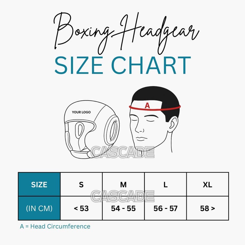 May include: Boxing headgear size chart with a diagram showing how to measure head circumference. The chart shows sizes S, M, L, and XL with corresponding head circumference measurements in inches.  The chart shows measurements in centimeters: < 53 cm, 54-55 cm, 56-57 cm, 58 cm.