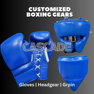 May include: Blue boxing gloves, headgear, and groin protector.  The gloves have white laces.  The headgear has a white strap.  The groin protector has a blue and white design.  Customized Boxing Gears.
