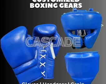 牛革ボクシンググローブフルセット：カスタムヘッドギア＆股間ガード