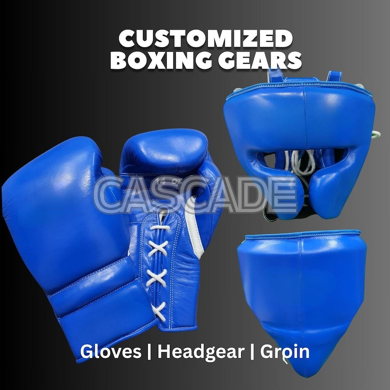 May include: Blue boxing gloves, headgear, and groin protector.  The gloves have white laces.  The headgear has a white strap.  The groin protector has a blue and white design.  Customized Boxing Gears.