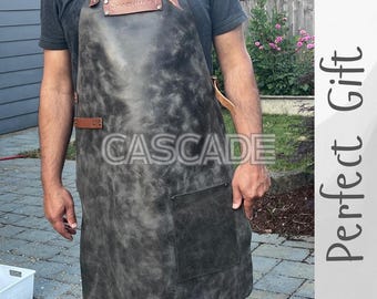 Delantal de cuero negro: estilo vintage, hecho a mano para barbacoa, chef y carpintería.