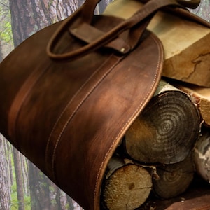 Handmade Cowhide Leather Firewood Log Carrier - Vintage Look