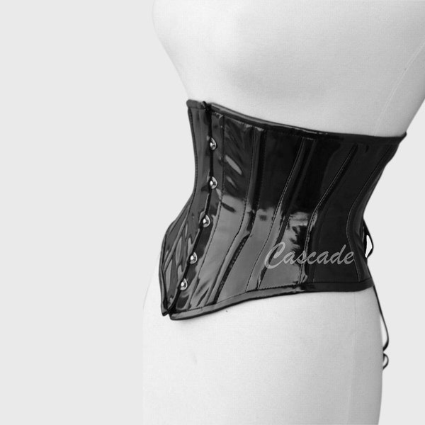 Underbust Corset Waist Training Hourglass PVC Black Artificial Leather, Perfect for as Body Shaper Heavy Duty Steel Boned Corset