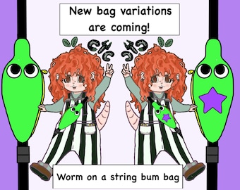 Riñonera de peluche personalizada con diseño de gusano en una cuerda.