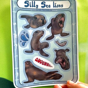 May include: A sticker sheet featuring several cartoon sea lions in various poses. The sticker sheet has the text "Silly Sea Lions" and "Contain The Creatures". The sea lions are brown with white accents, and some have speech bubbles.