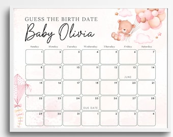 May include: A pink and white baby shower game with a calendar for guests to guess the baby's birth date. The calendar is decorated with a pink and white teddy bear holding balloons and a pink kite.
