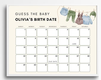 Op de afbeelding: Een afdrukbare kalender met een wit frame en een beige achtergrond. De kalender is om de geboortedatum van Olivia's baby te raden. De kalender heeft de maanden mei en juni. Bovenaan de kalender hangen babykleding aan een waslijn.