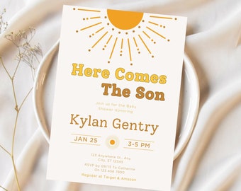 Editable Sunshine Baby Shower Invitation, Here Come The Son Baby Shower Invitation, Minimalist Baby shower invitation, Canva Template