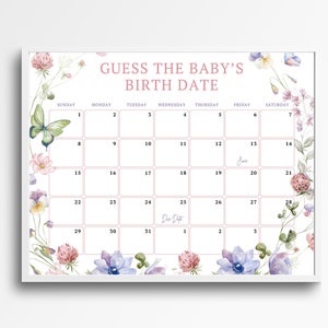 WILDFLOWER Baby Fälligkeitsdatumskalender, Baby Geburtstagskalender, Babypartyspiel, Errate den Geburtstag des Babys, bearbeitbare Babyvorhersage, Fälligkeitsdatumsspiel,