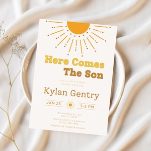 Editable Sunshine Baby Shower Invitation, Here Come The Son Baby Shower Invitation, Minimalist Baby shower invitation, Canva Template