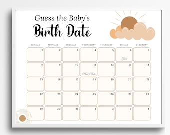 Boho Baby Due Date Calendar, Baby Birthday Calendar, Baby Shower Game, Guess Baby's Birthday, Editable Baby Prediction, Due Date Game