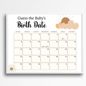 Boho-Baby-Fälligkeitskalender, Baby-Geburtstagskalender, Babyparty-Spiel, Raten Sie den Geburtstag Ihres Babys, editierbare Baby-Vorhersage, Fälligkeitstermin-Spiel