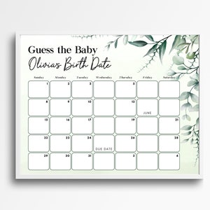 Baby-Fälligkeitsdatumskalender, Baby-Geburtstagskalender, Babypartyspiel, Errate den Geburtstag des Babys, bearbeitbare Babyvorhersage, Fälligkeitsdatumsspiel, Grün