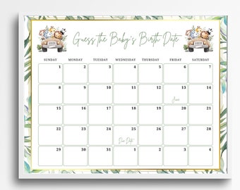 Safari Animal Baby Due Date Calendar, Jungle Animal Guess Baby's Birthday,  Baby Due Date Calendar, Baby Birthday Calendar, Baby Shower Game