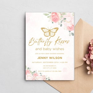 Editable Butterfly Baby Shower Invitation, Butterfly Baby Shower Invitation for Girl, Gold And Pink Butterfly, Instant Download
