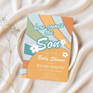 Editable Sunshine Baby Shower Invitation, Here Come The Son Baby Shower Invitation, Retro Sunshine baby shower invitation, Canva Template