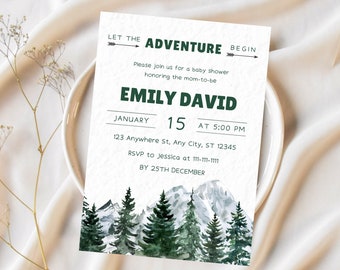 Editable Deje que la aventura comience invitación de baby shower, invitación de baby shower de Boy Woodland, baby shower de aventura en el bosque, descarga instantánea