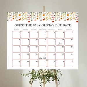 WILDFLOWER Baby Fälligkeitsdatumskalender, Baby Geburtstagskalender, Babypartyspiel, Errate den Geburtstag des Babys, bearbeitbare Babyvorhersage, Fälligkeitsdatumsspiel,