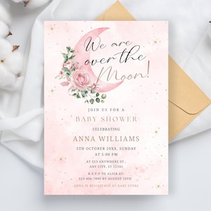 We are over the Moon Baby Shower Invitation, Pink Twinkle Little Star baby shower invite, Moon and Stars Baby Shower Invite