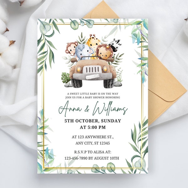 EDITABLE Safari Baby Shower Invitation, Boy African Jungle Safari Baby Shower Invite Imprimable, Invitation neutre en matière de genre, Téléchargement instantané