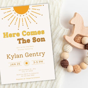 Editable Sunshine Baby Shower Invitation, Here Come The Son Baby Shower Invitation, Minimalist Baby shower invitation, Canva Template