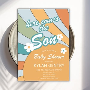 Editable Sunshine Baby Shower Invitation, Here Come The Son Baby Shower Invitation, Retro Sunshine baby shower invitation, Canva Template