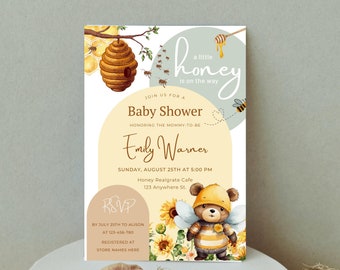 Editable Bee Baby Shower Invitation, Gender Neutral A Little Honey Baby Shower Invite, Editable Canva Template, Instant Download