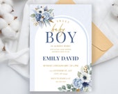 Dusty Blue Rose Baby Shower Invitation, Boy Baby Shower Blue, DIY Baby Shower Invitation, Bohemian Boy Baby Shower Invite, Instant Download