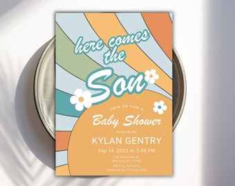 Editable Sunshine Baby Shower Invitation, Here Come The Son Baby Shower Invitation, Retro Sunshine baby shower invitation, Canva Template