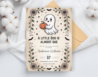 Szablon zaproszenia na baby shower NOVA Halloween, A Little Boo jest prawie na miejscu, motyw czaszki Halloween, zaproszenie na baby shower w stylu gotyckim