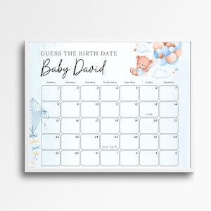Jungen-Teddybär-Baby-Fälligkeitsdatumskalender, blaues Babypartyspiel, Raten Sie den Geburtstag des Babys, bearbeitbare Babyvorhersage, Ballon-Baby-Geburtsdatum