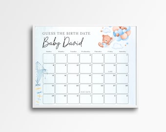 Jongen teddybeer baby vervaldatum kalender, blauwe baby shower spel, raad de verjaardag van de baby, bewerkbare babyvoorspelling, ballonnen geboortedatum van de baby