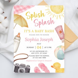 Editable Splish Splash Baby Bash Girl Baby Shower Invitation, Girl Summer Baby Shower Invite, Pink Beach Summer Baby Shower